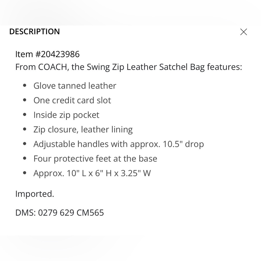 Coach Swing Zip Leather Bag - Moonlight NWOT - Picture 5 of 5